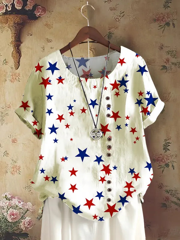 Women's Casual Cotton And Linen Independence Day Star Short-Sleeved Round Neck Shirt