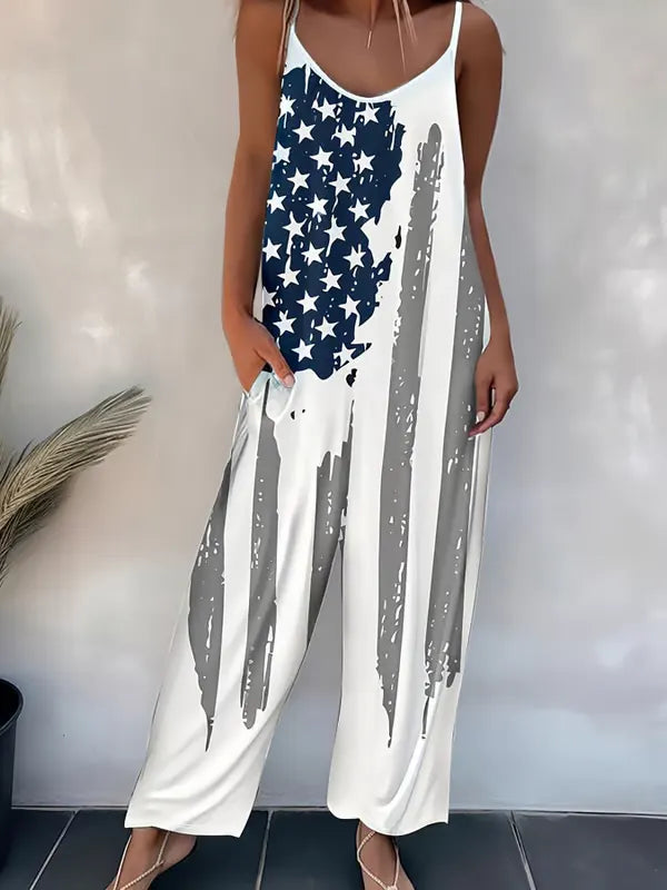 Women'S Independence Flag Print Casual Cotton Wide Leg Jumpsuit