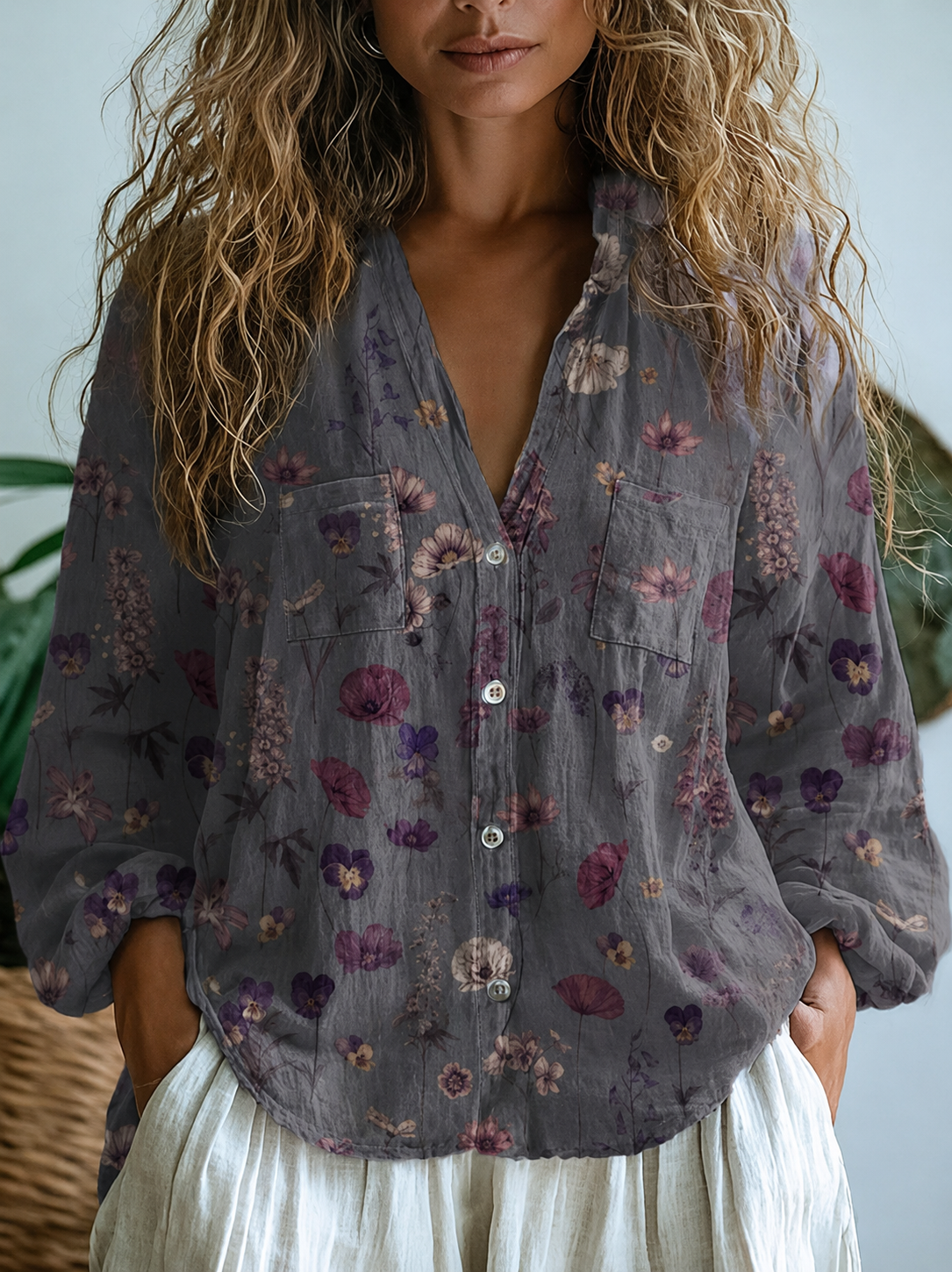 Women's  Retro Floral Art Print Casual Long Sleeve Comfortable Cotton Shirt