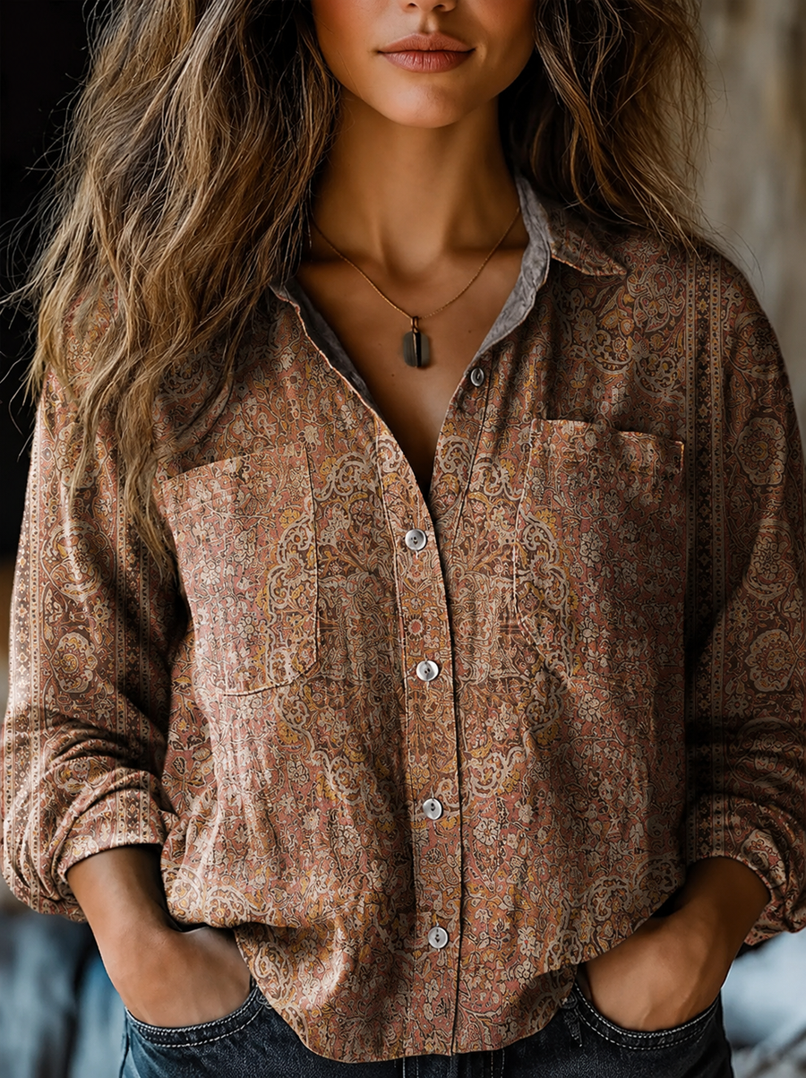 Women's Vintage Art Print Casual Long Sleeve Comfortable Cotton Shirt