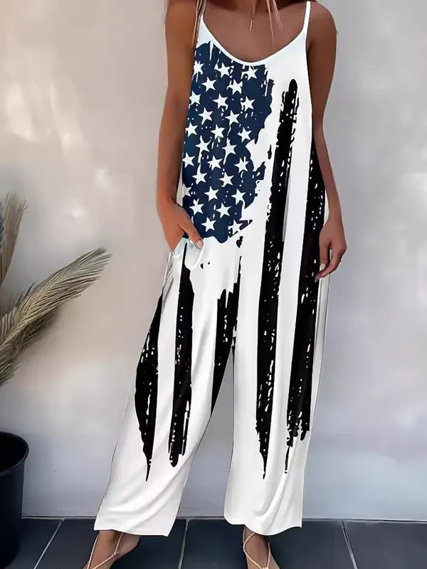 Women'S Independence Flag Print Casual Cotton Wide Leg Jumpsuit