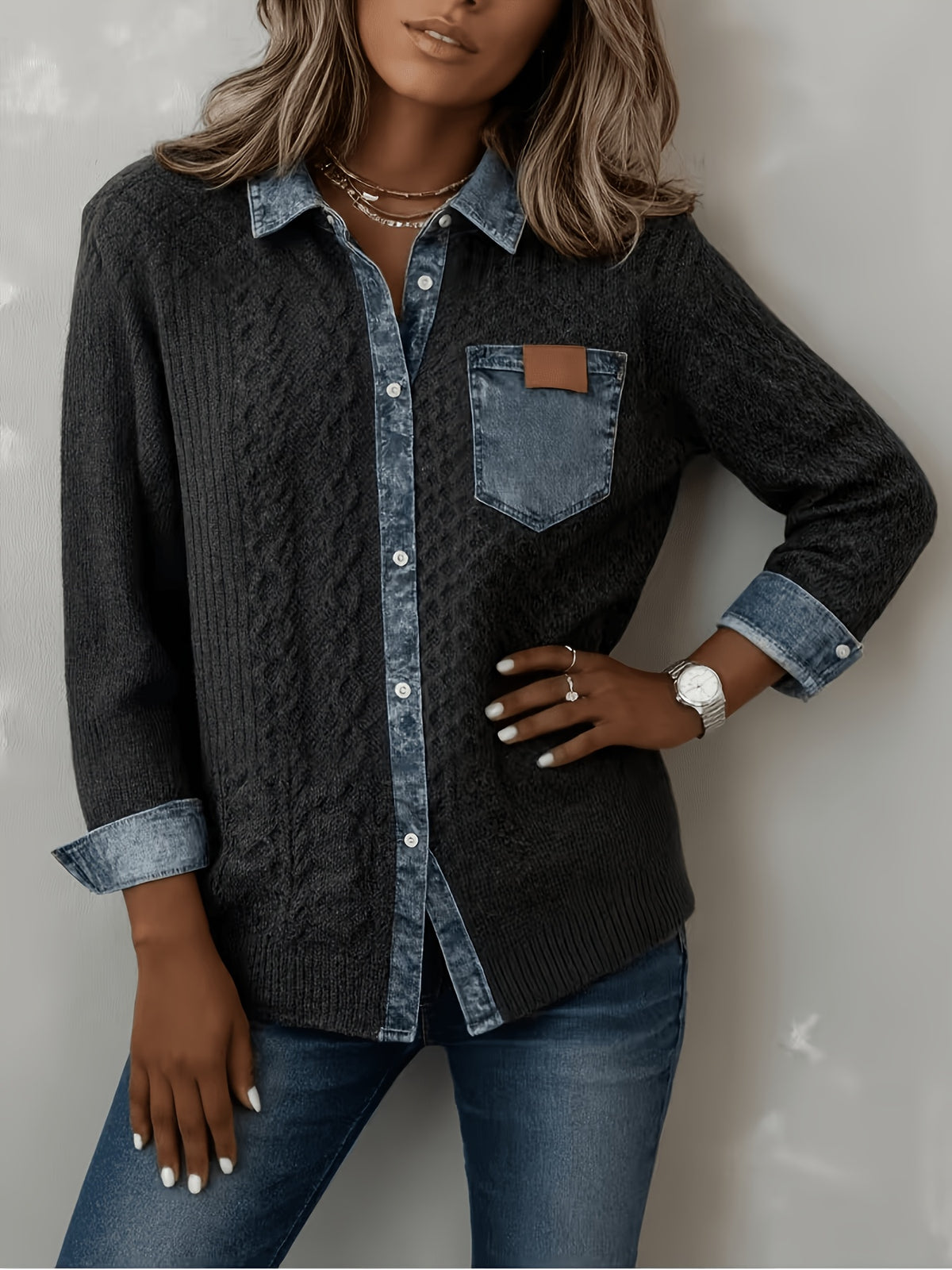 Brandi™ | Casual Denim Trim Cable Knit Shirt