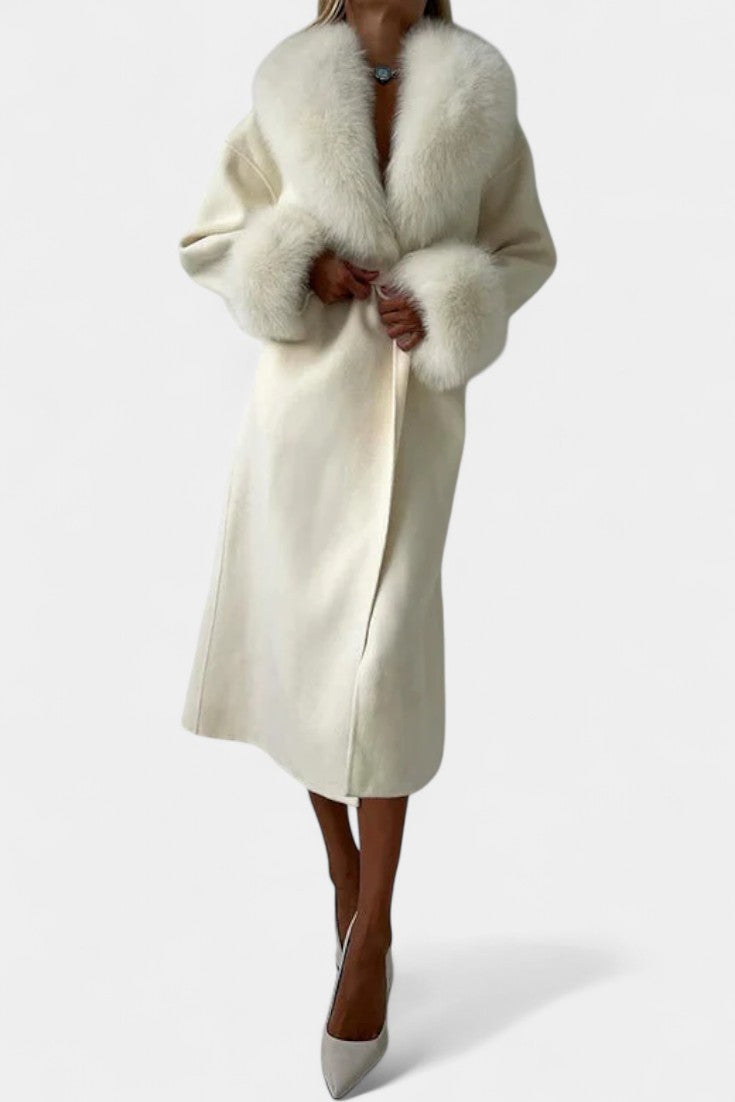 Adelaide | Belted Longline Coat with Faux Fur Trim
