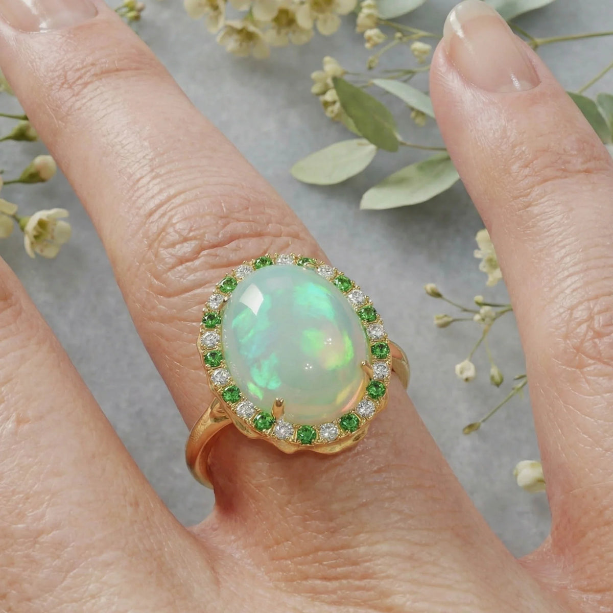 Solid Gold Welo Opal & Tsavorite Organic Ring