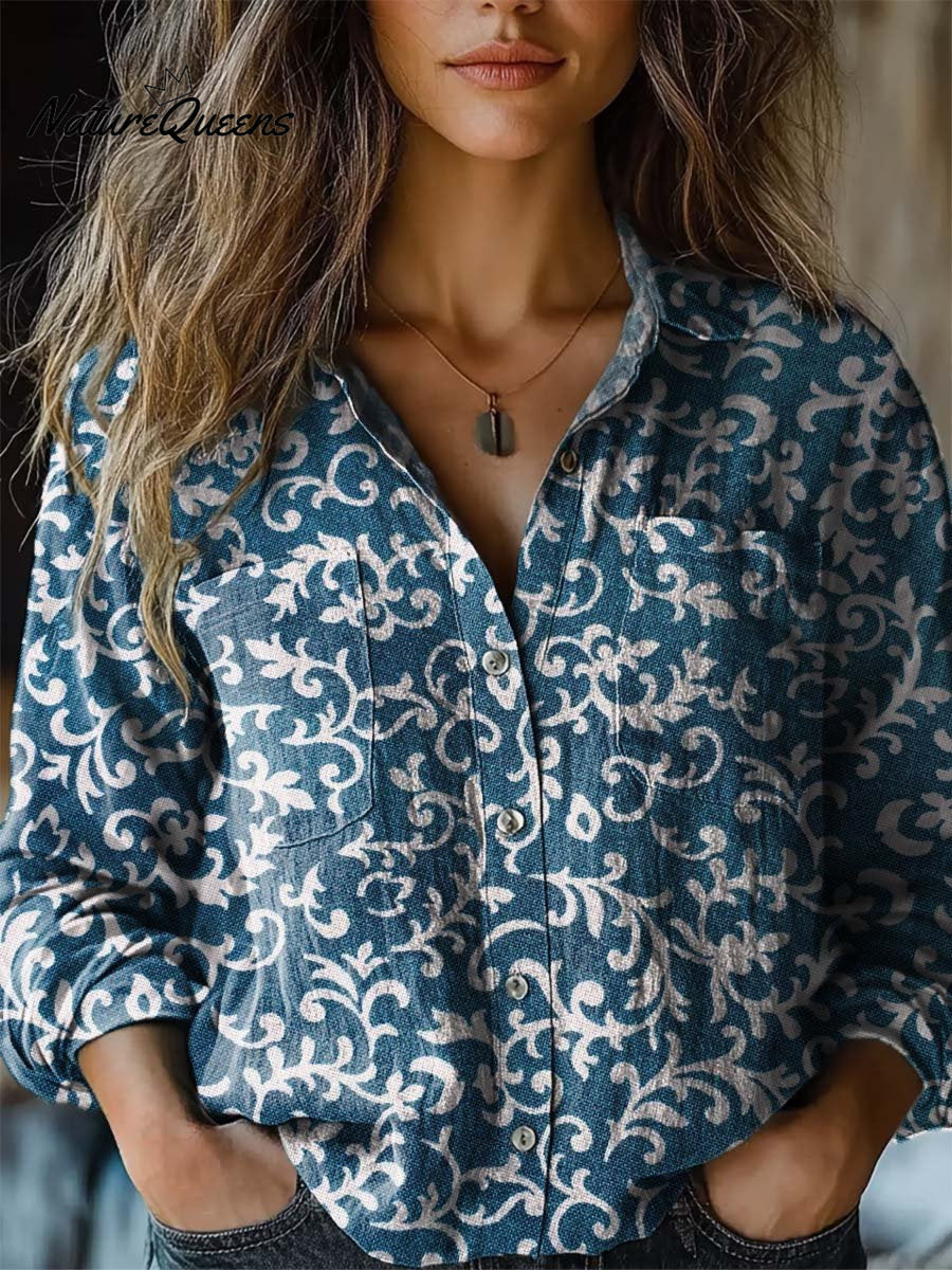 Women's Vintage Floral Art Print Casual Long Sleeve Comfortable Cotton Shirt