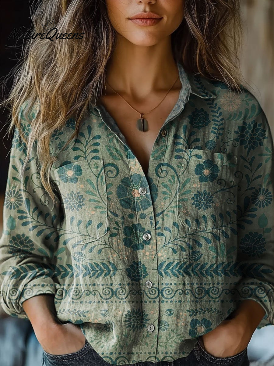 Women's Retro Flowers Print Casual Long Sleeve Comfortable Cotton Shirt