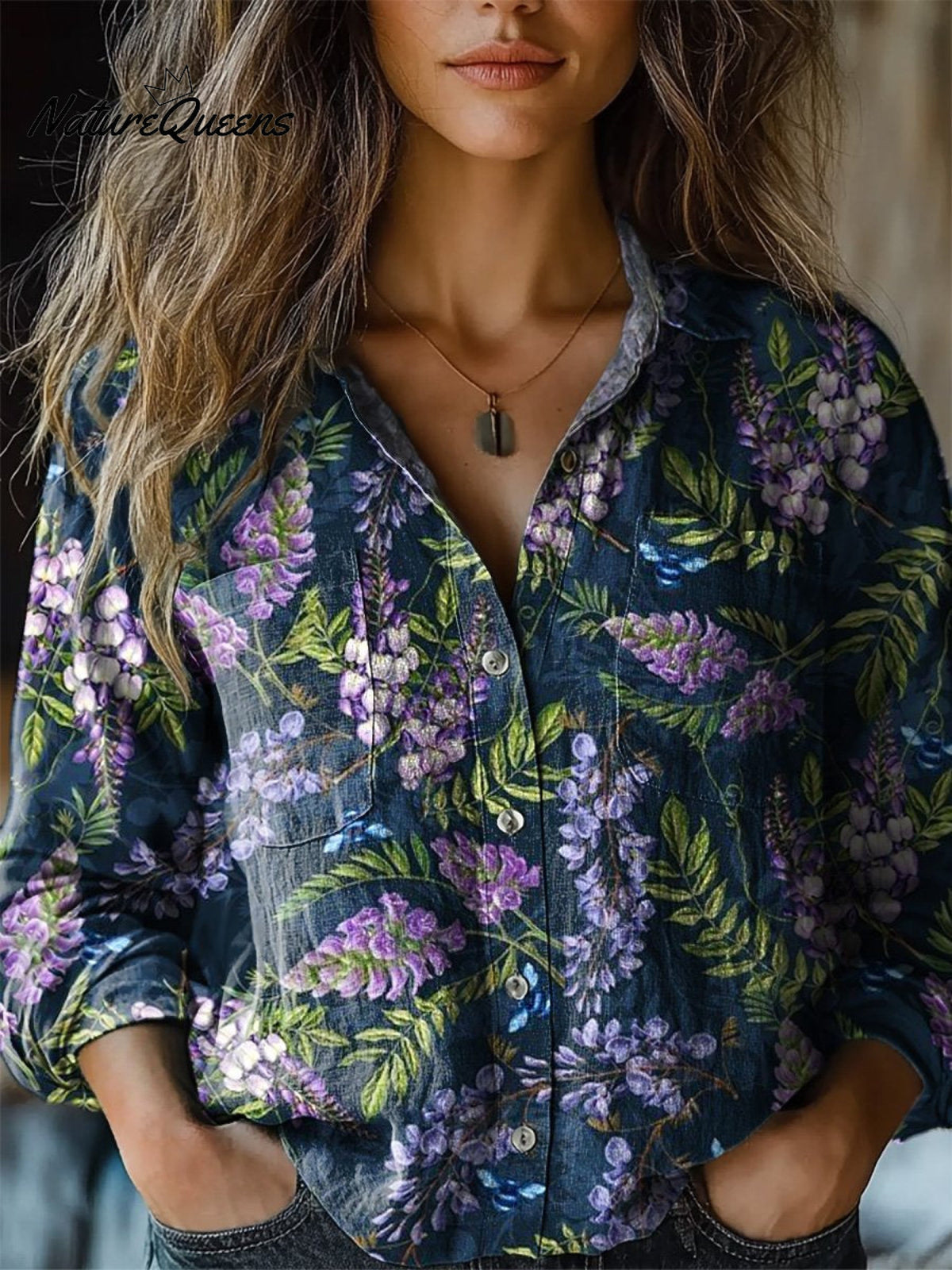 Lavender Repeat Pattern Printed Women's Casual Long Sleeve Comfortable Cotton Shirt