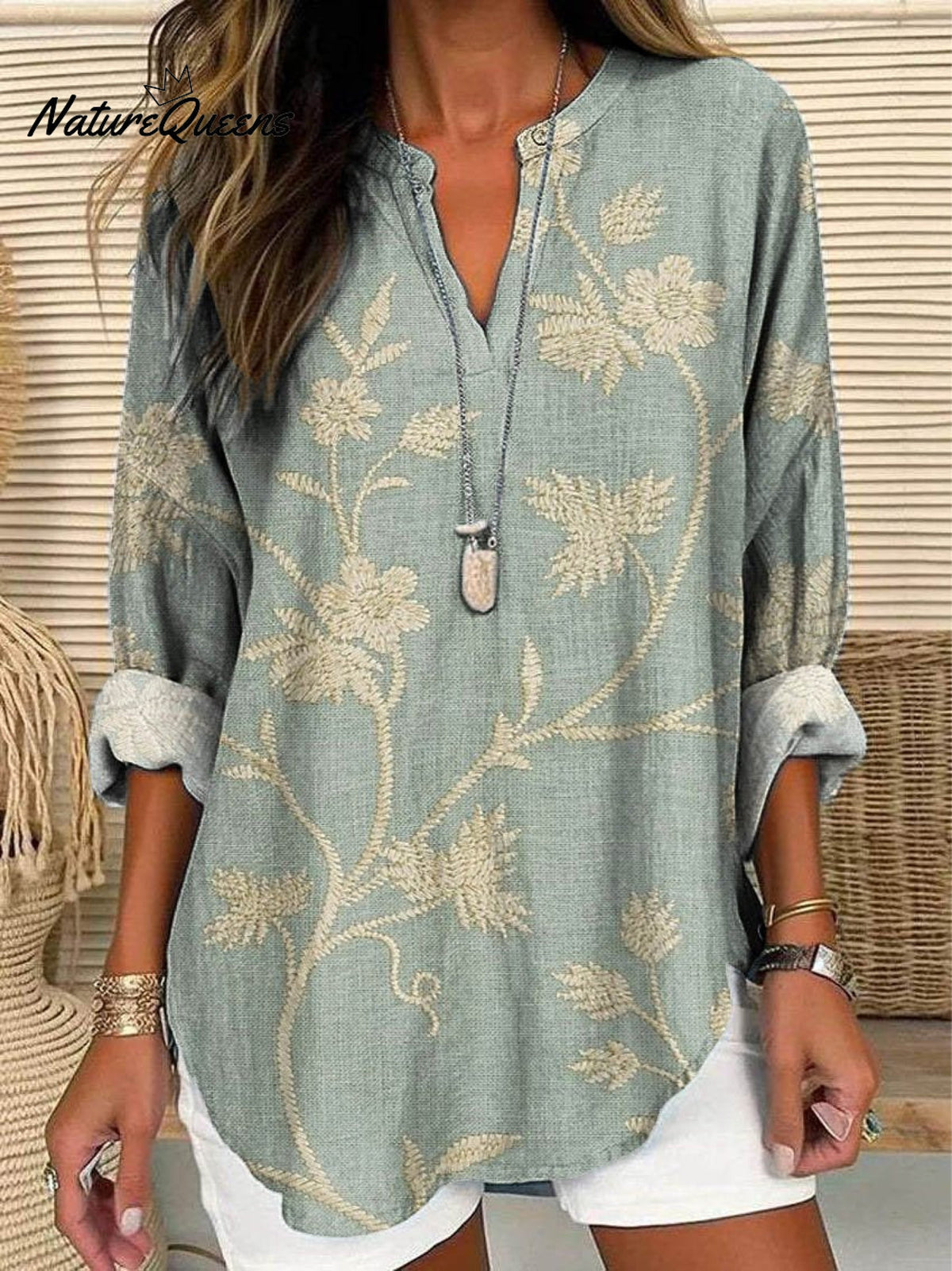 Women's Vintage Lovely Floral Art Print Casual Linen V-neck Shirt