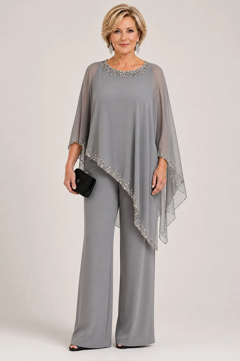Beaded Chiffon Cape Formal Pant Suit with Wide Legs