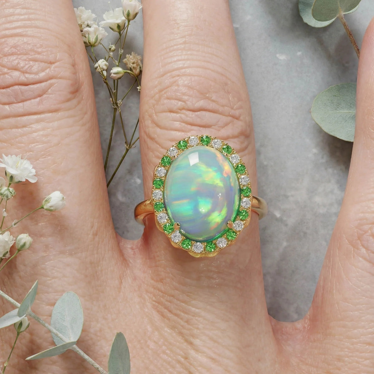 Solid Gold Welo Opal & Tsavorite Organic Ring