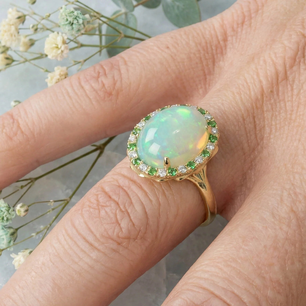 Solid Gold Welo Opal & Tsavorite Organic Ring