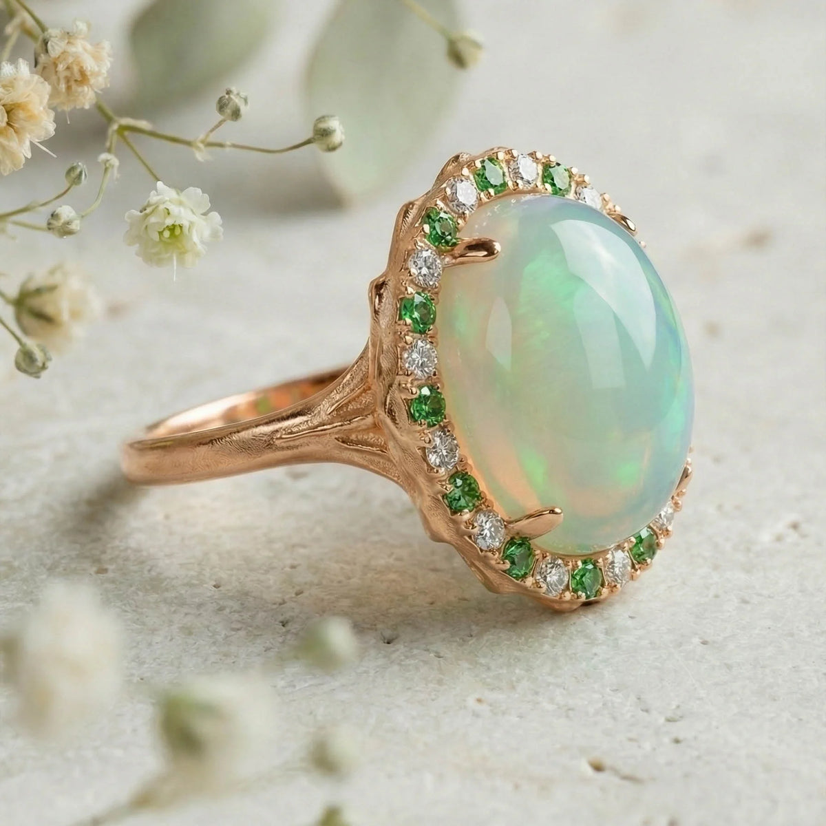 Solid Gold Welo Opal & Tsavorite Organic Ring
