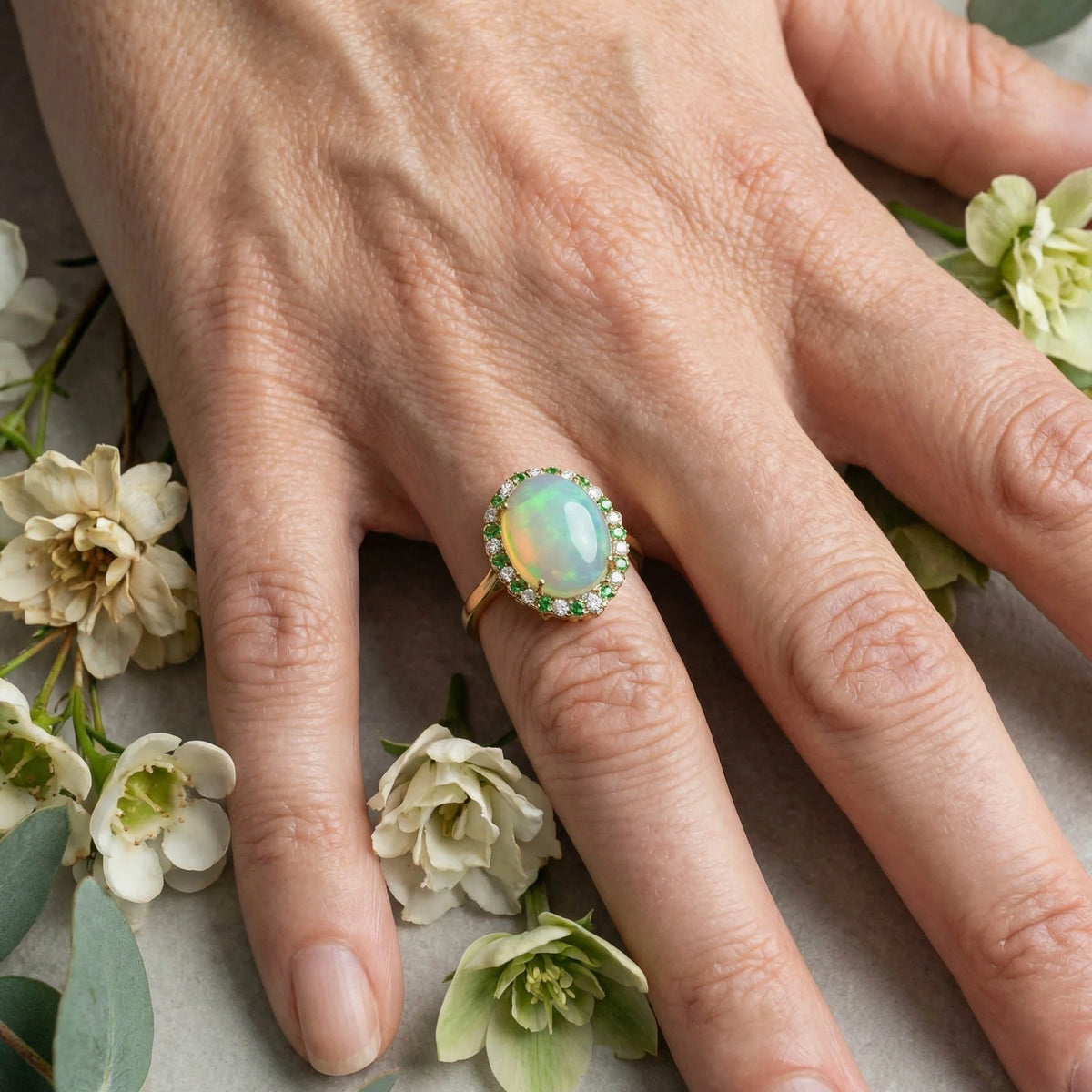 Solid Gold Welo Opal & Tsavorite Organic Ring