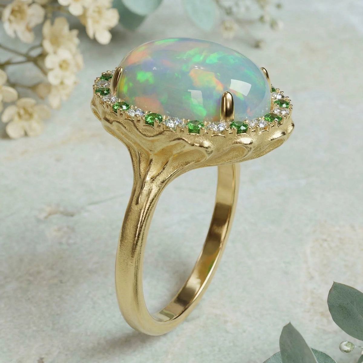 Solid Gold Welo Opal & Tsavorite Organic Ring