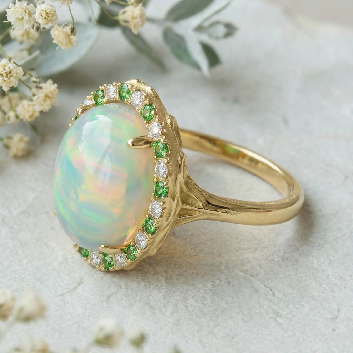 Solid Gold Welo Opal & Tsavorite Organic Ring