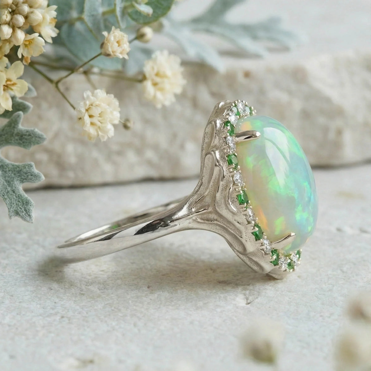 Solid Gold Welo Opal & Tsavorite Organic Ring