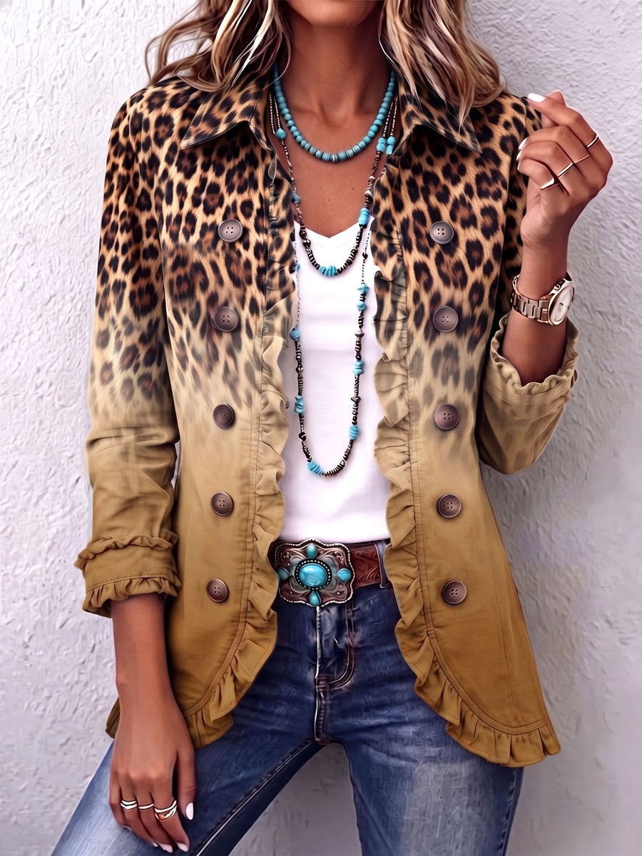 Reyes | Ocher Leopard Blazer Jacket with Ruffles