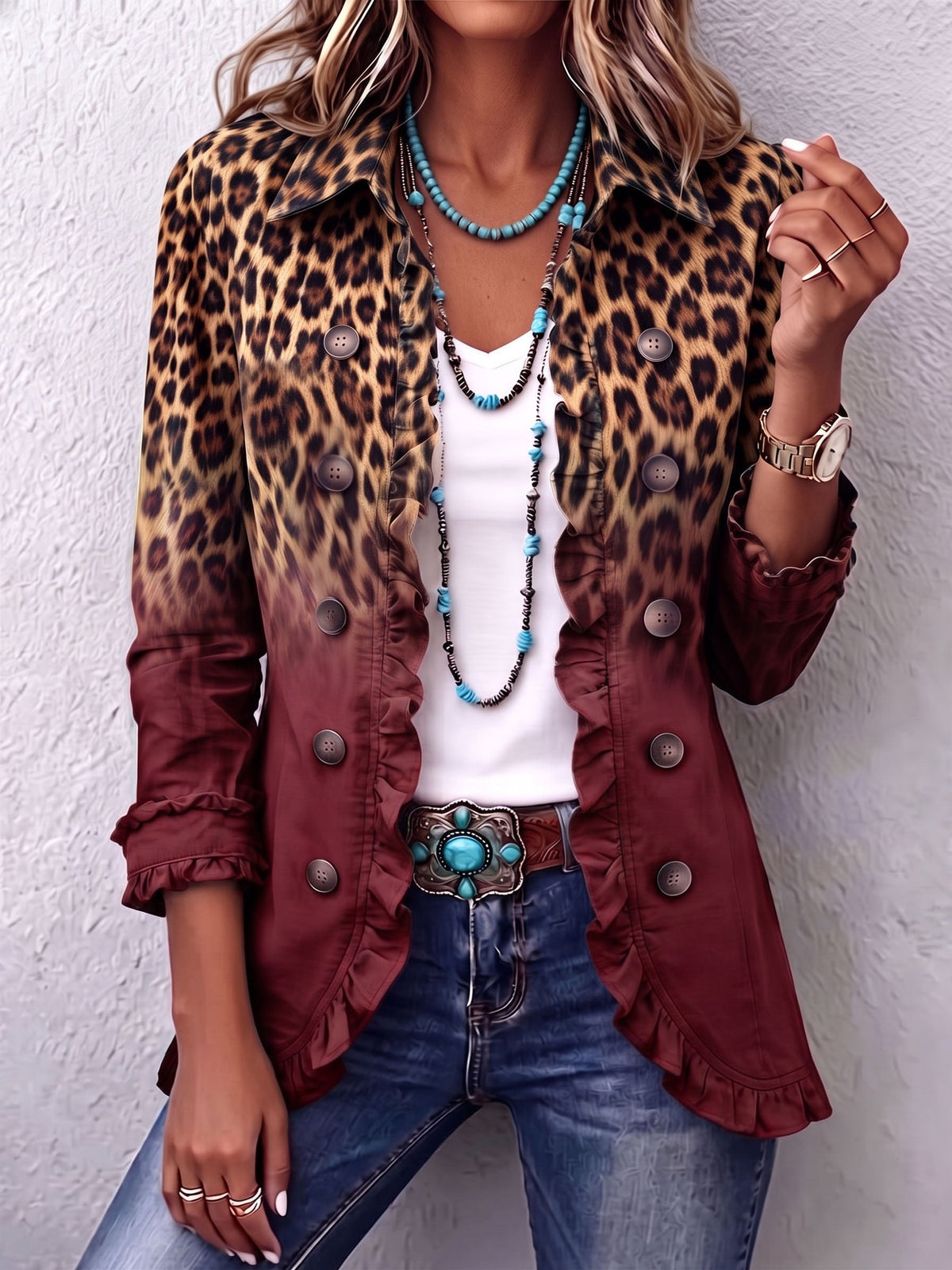 Cassandre | Gradient Leopard Blazer with Ruffles