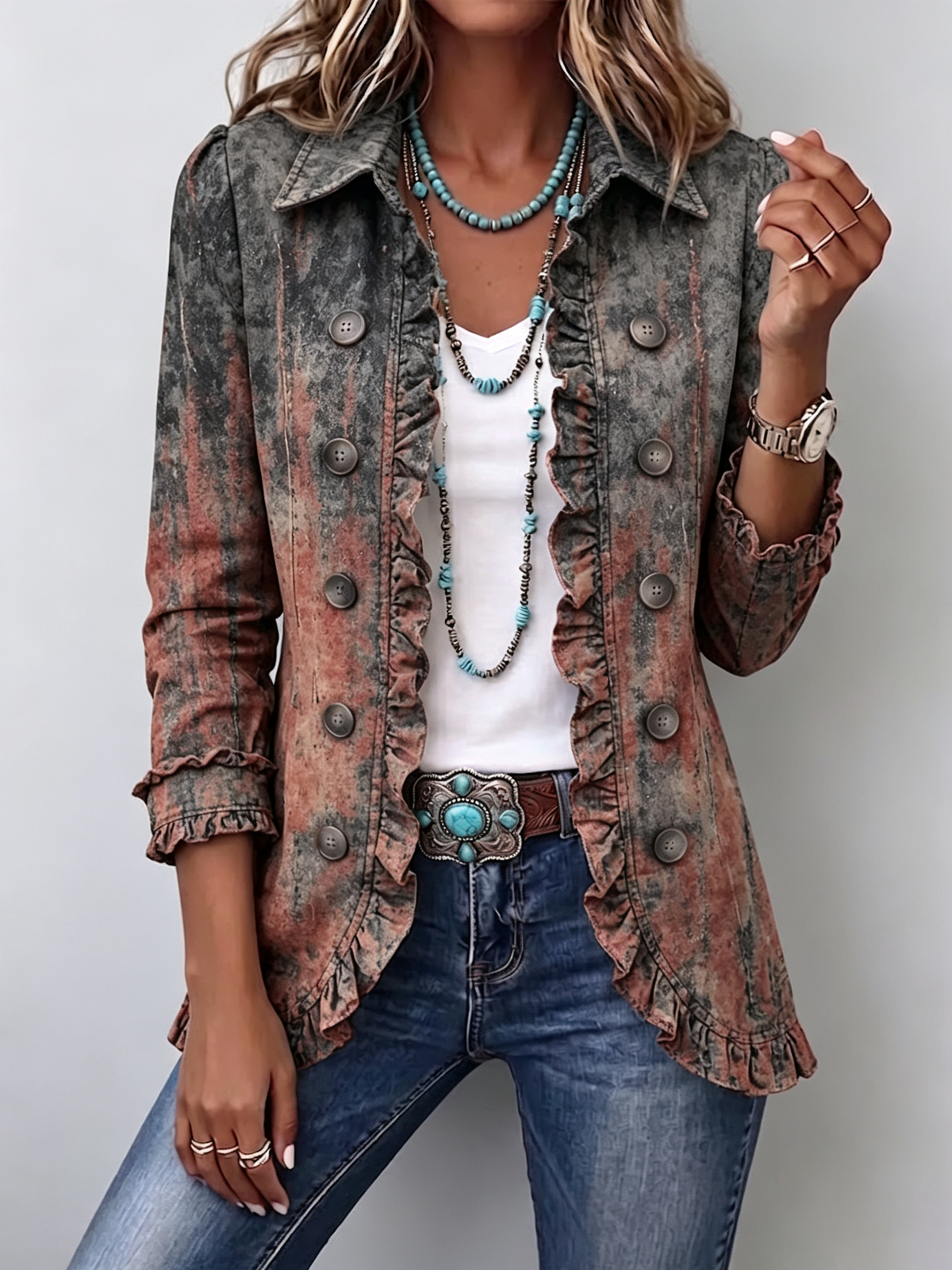 Benita | Textured Gradual Jacket with Ruffles