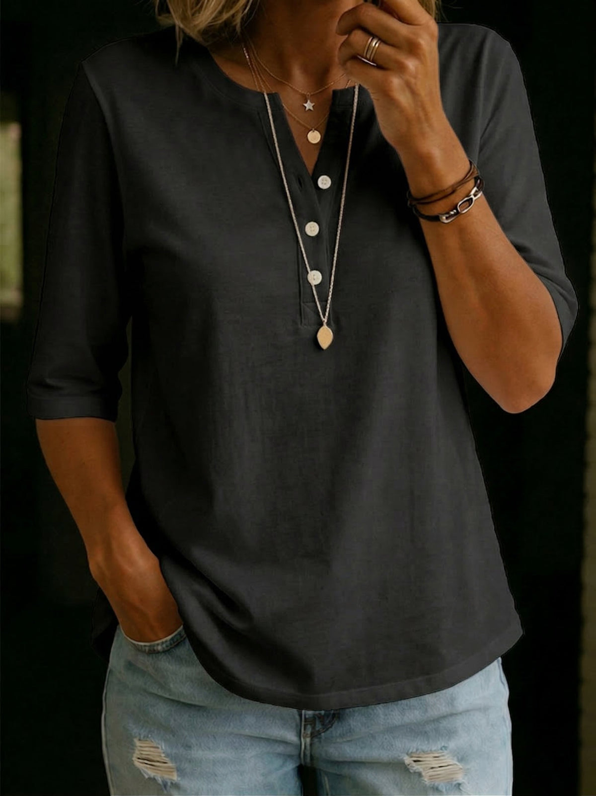 Isabella | Elegant Relaxed Fit Henley Neck Top