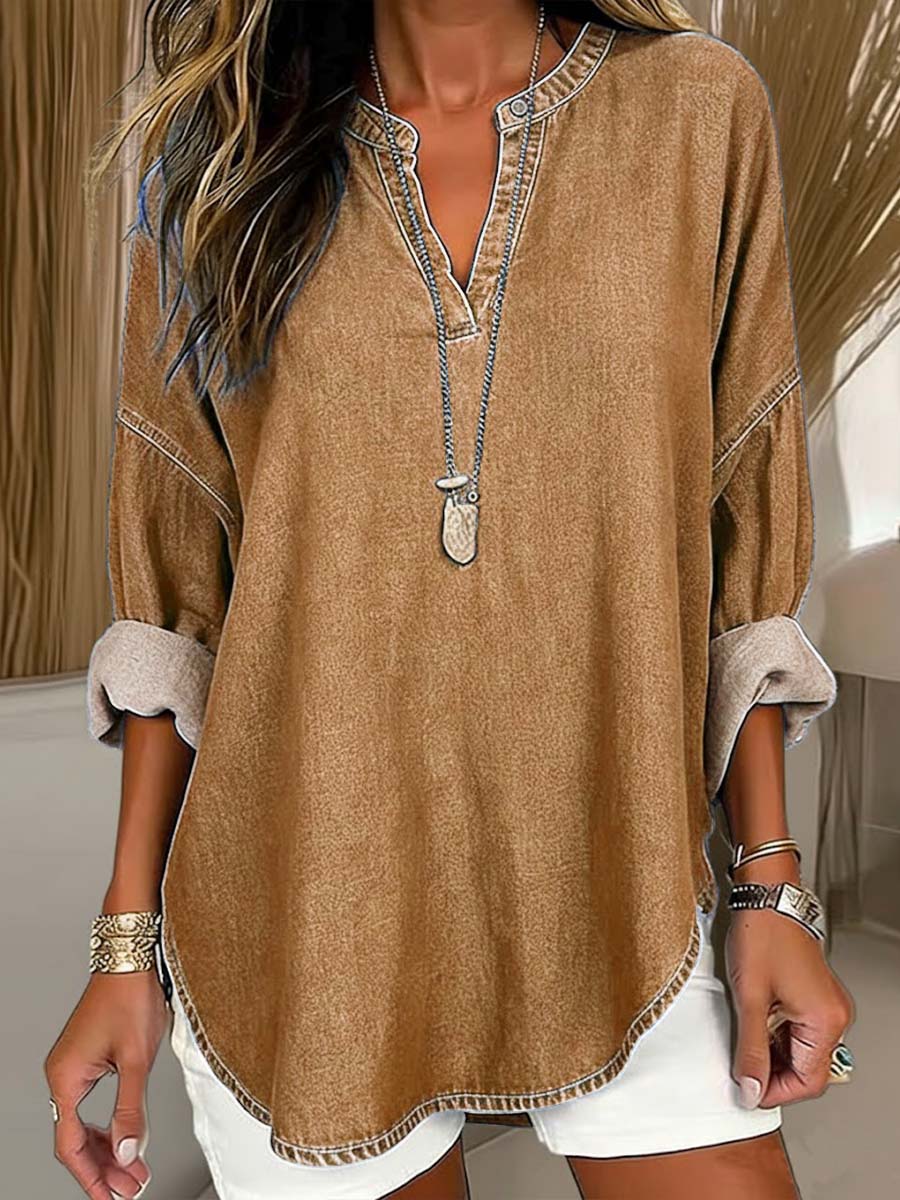 Women's V-neck Long-sleeved Casual Loose Denim Top