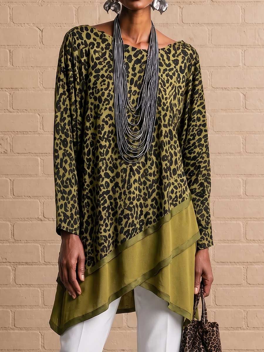 Natalie™ | Women's Leopard Print Crew Neck Long Sleeve Casual Loose Patchwork Top
