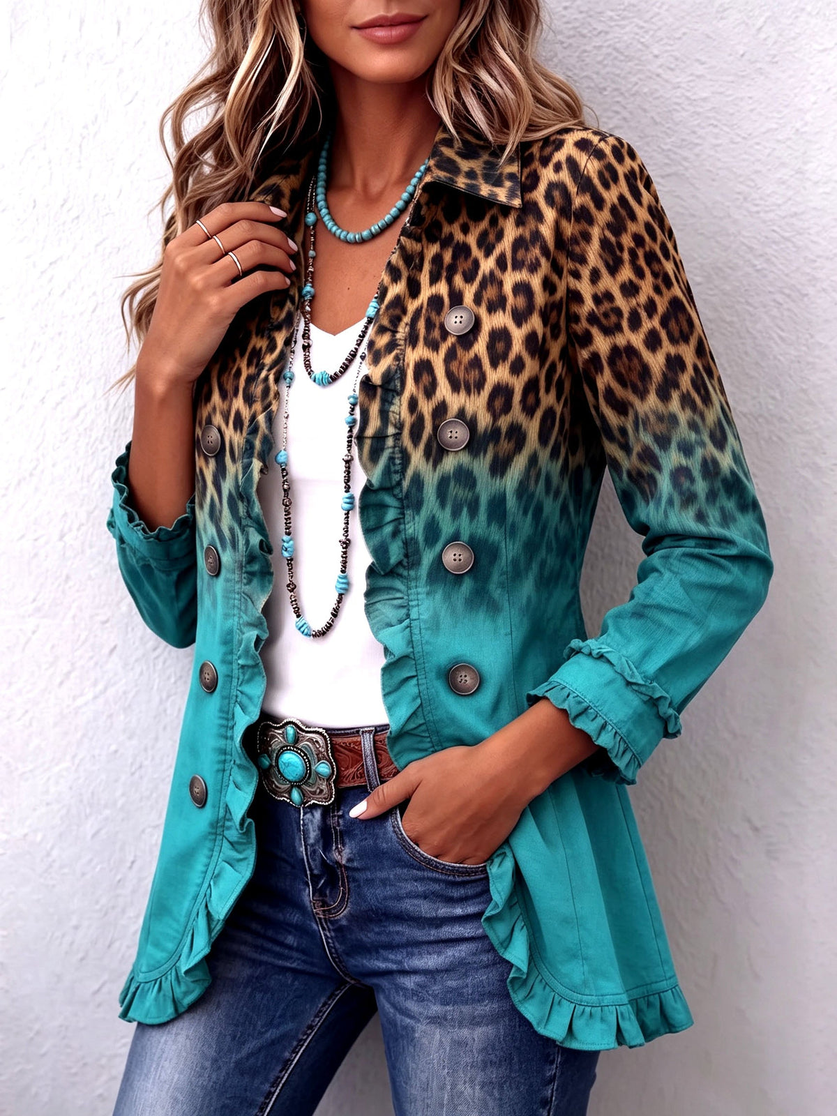 Lydia | Leopard Gradient Blazer Jacket with Ruffles