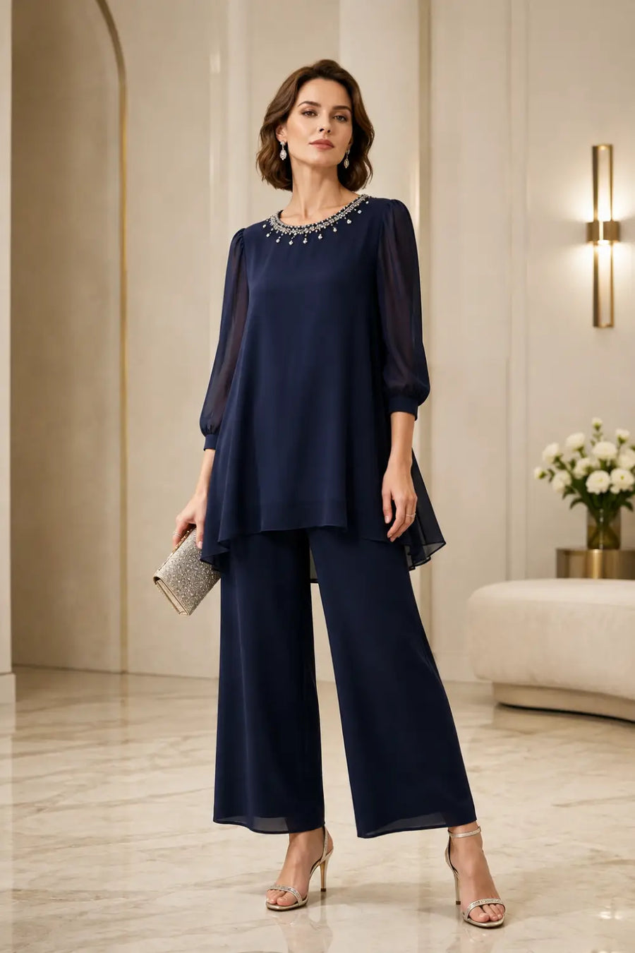 Beaded Chiffon Layered Pant Suit with 3/4 Sleeves