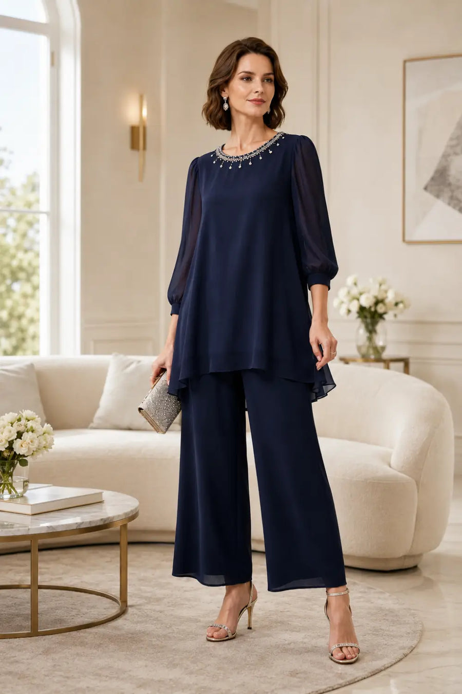 Beaded Chiffon Layered Pant Suit with 3/4 Sleeves