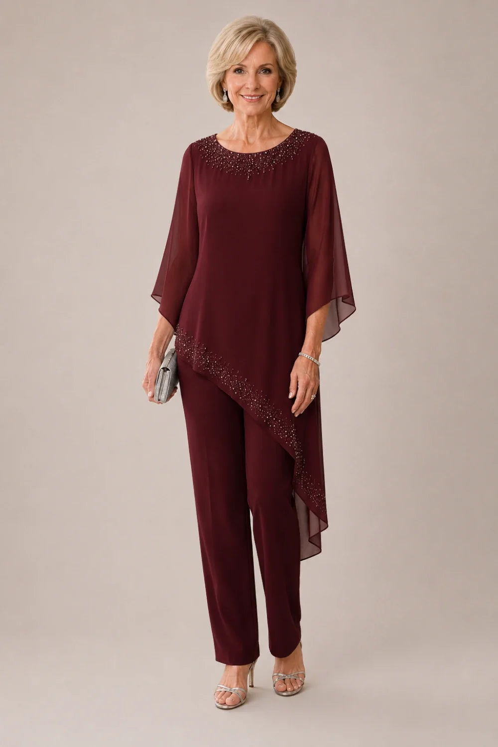 Beaded Chiffon Overlay Mother of the Bride Pant Suit