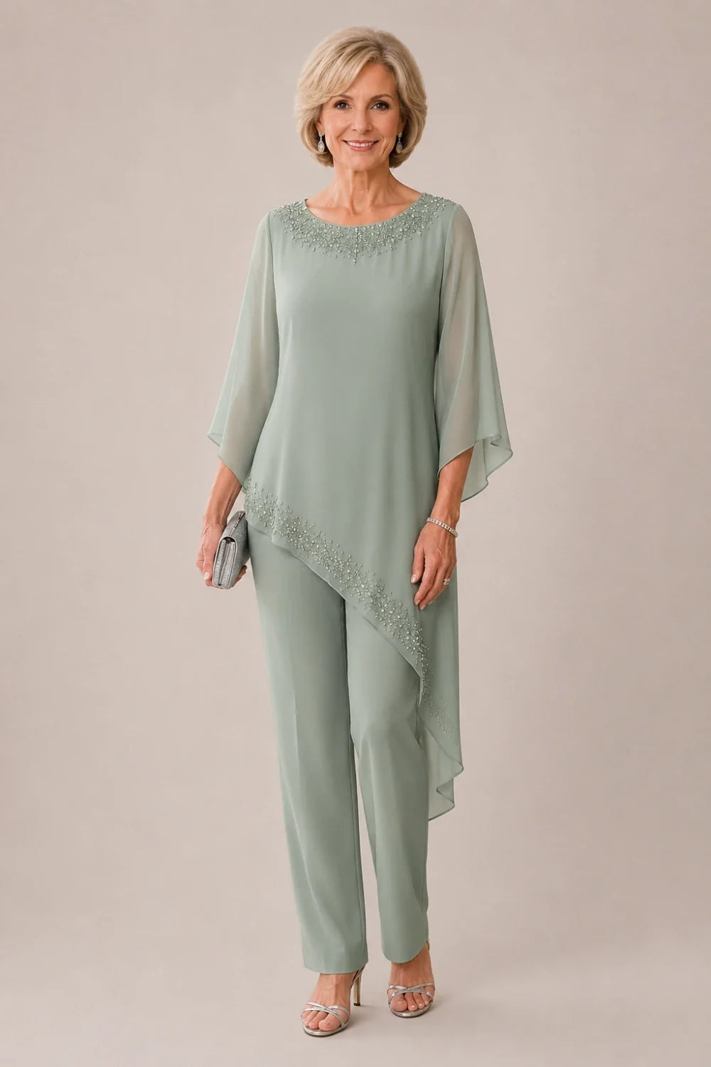Beaded Chiffon Overlay Mother of the Bride Pant Suit