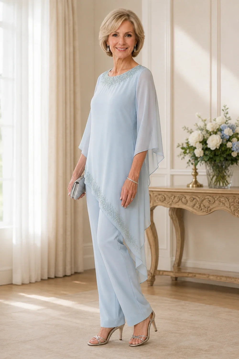 Beaded Chiffon Overlay Mother of the Bride Pant Suit