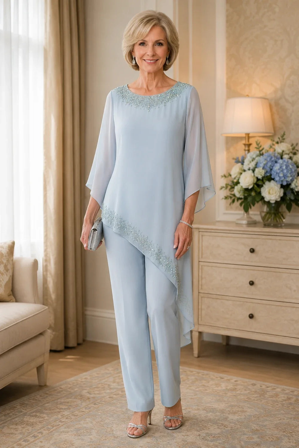 Beaded Chiffon Overlay Mother of the Bride Pant Suit