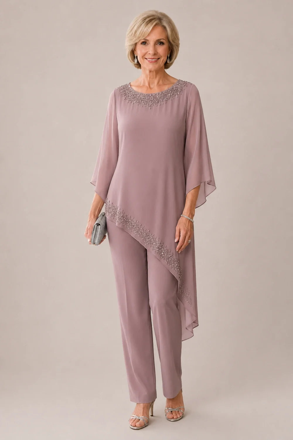 Beaded Chiffon Overlay Mother of the Bride Pant Suit
