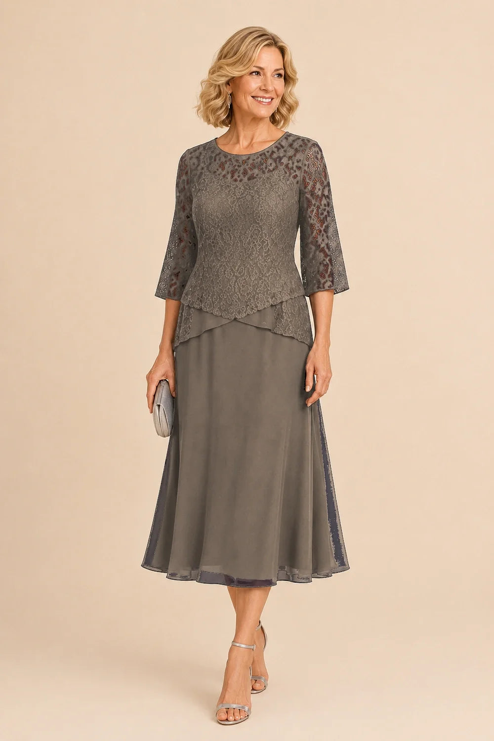 Beaded Lace Asymmetric Tea-Length Chiffon Dress