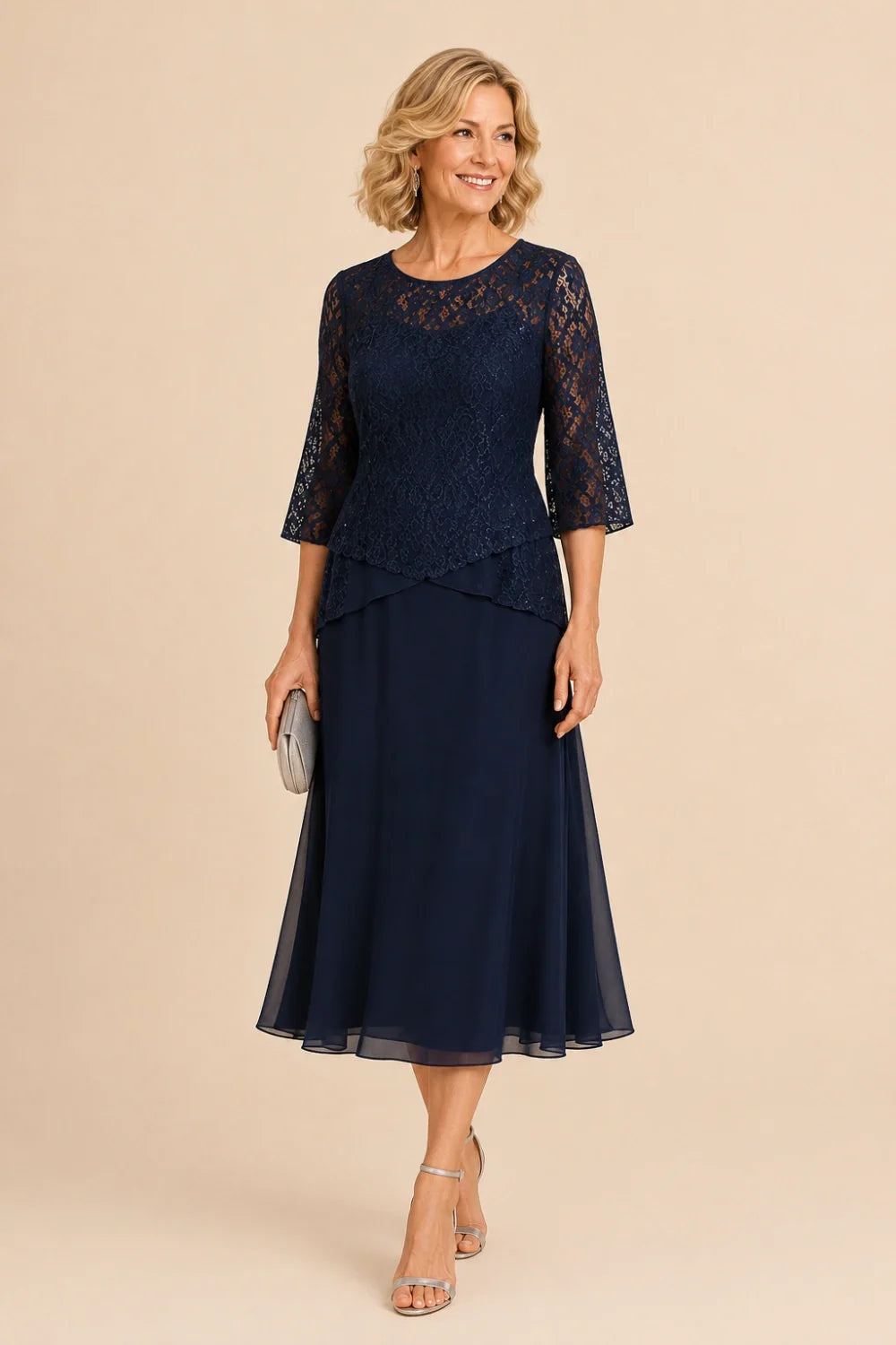 Beaded Lace Asymmetric Tea-Length Chiffon Dress