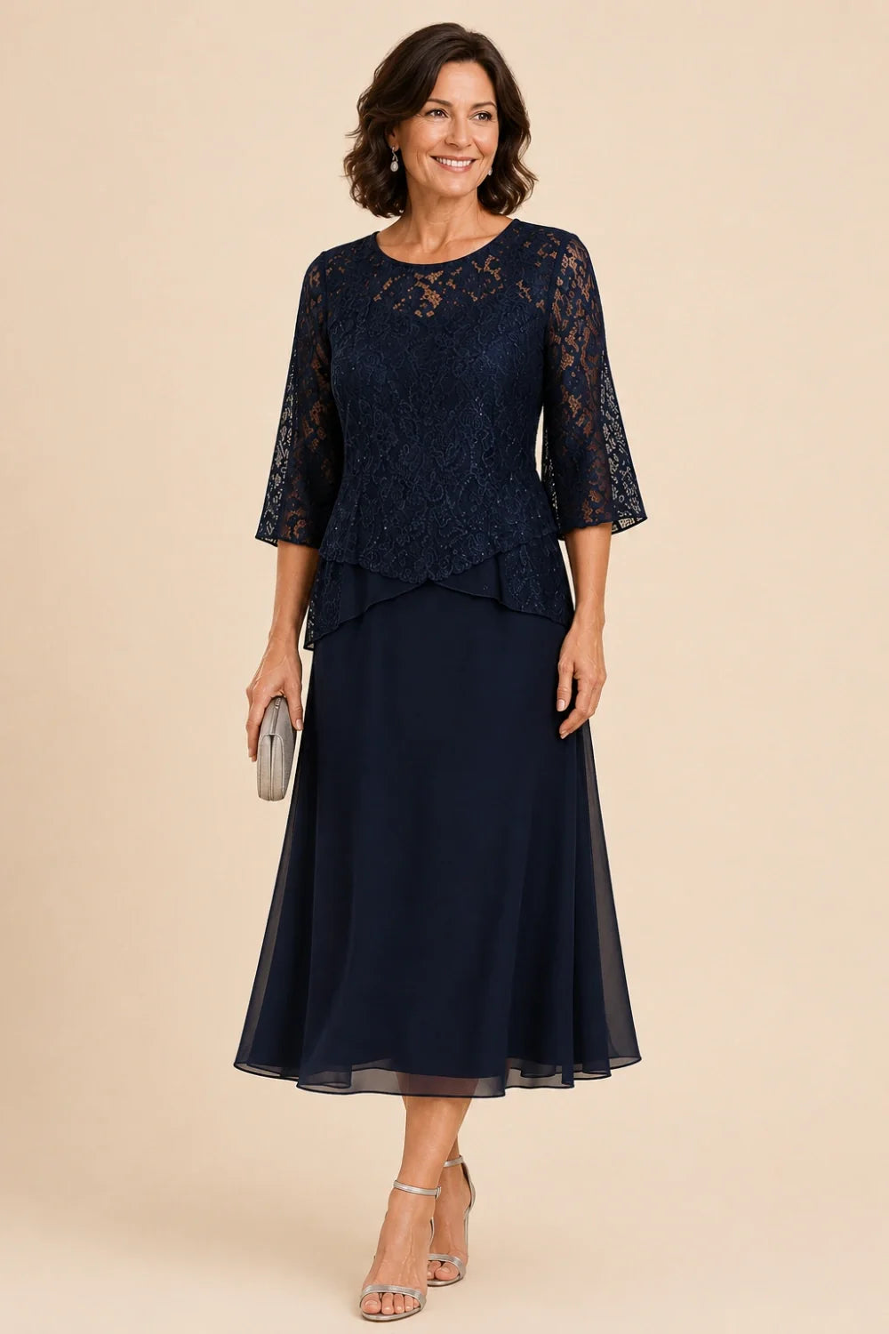 Beaded Lace Asymmetric Tea-Length Chiffon Dress