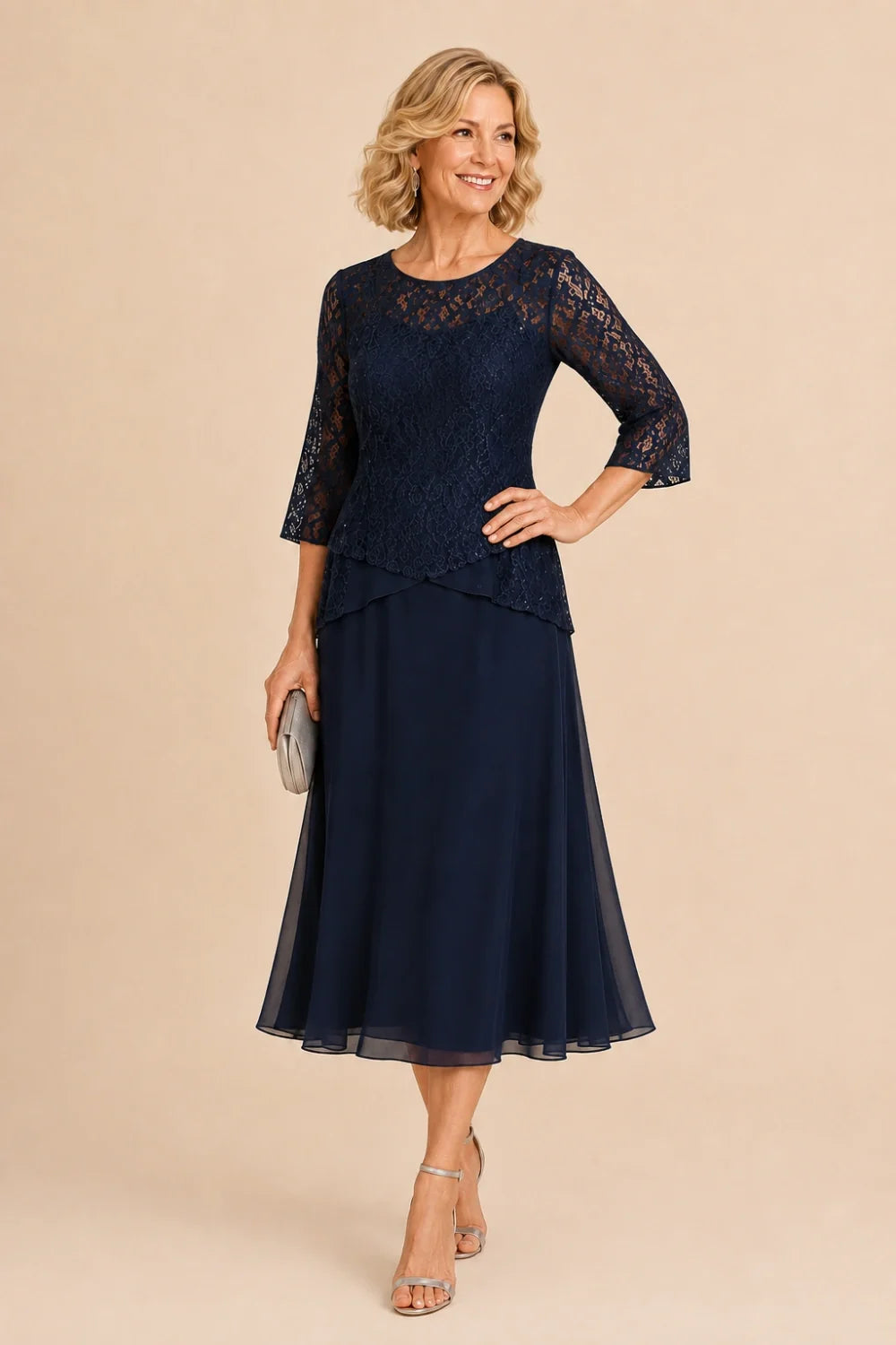 Beaded Lace Asymmetric Tea-Length Chiffon Dress