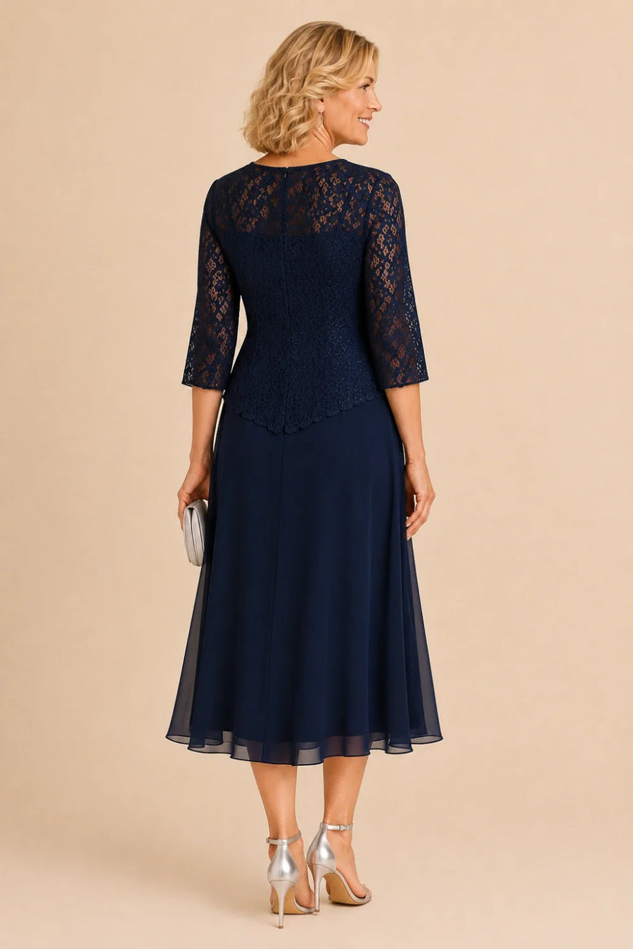 Beaded Lace Asymmetric Tea-Length Chiffon Dress