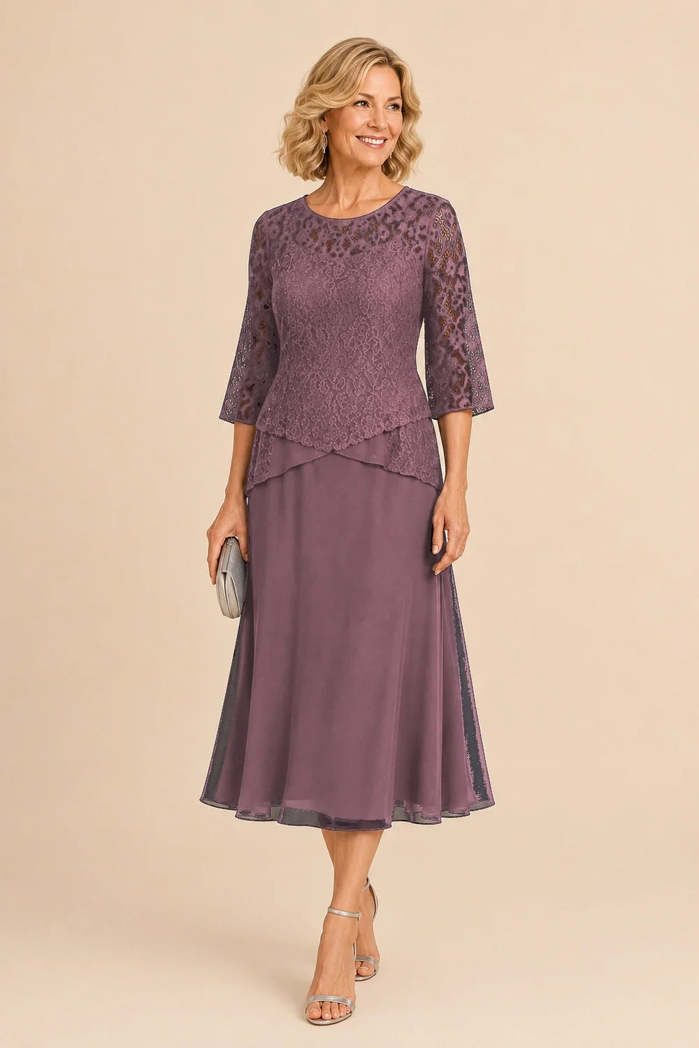 Beaded Lace Asymmetric Tea-Length Chiffon Dress