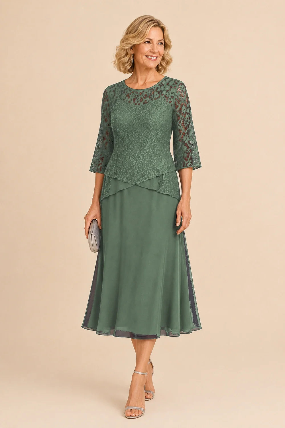 Beaded Lace Asymmetric Tea-Length Chiffon Dress