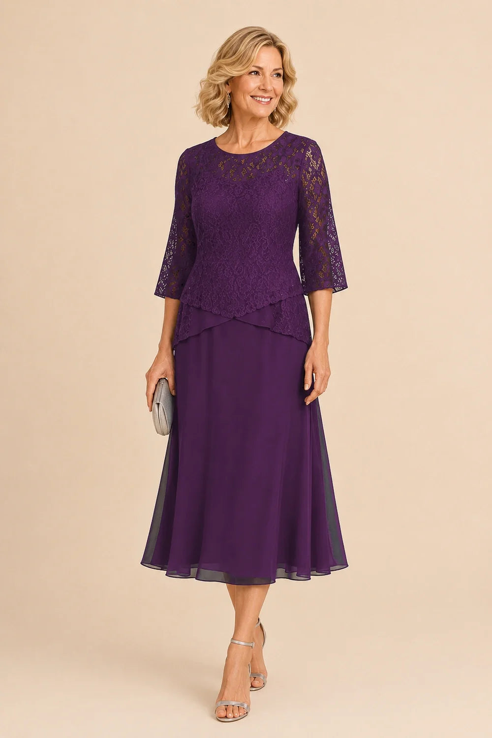 Beaded Lace Asymmetric Tea-Length Chiffon Dress