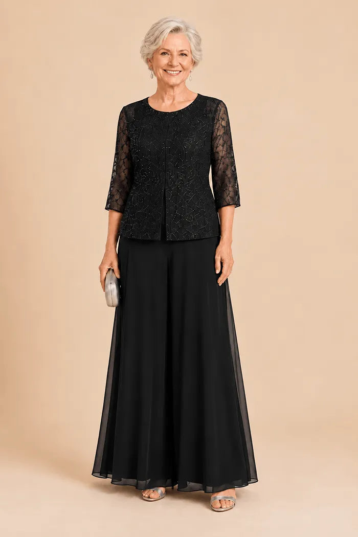 Beaded Lace Culotte Pant Suit with Chiffon Overlay