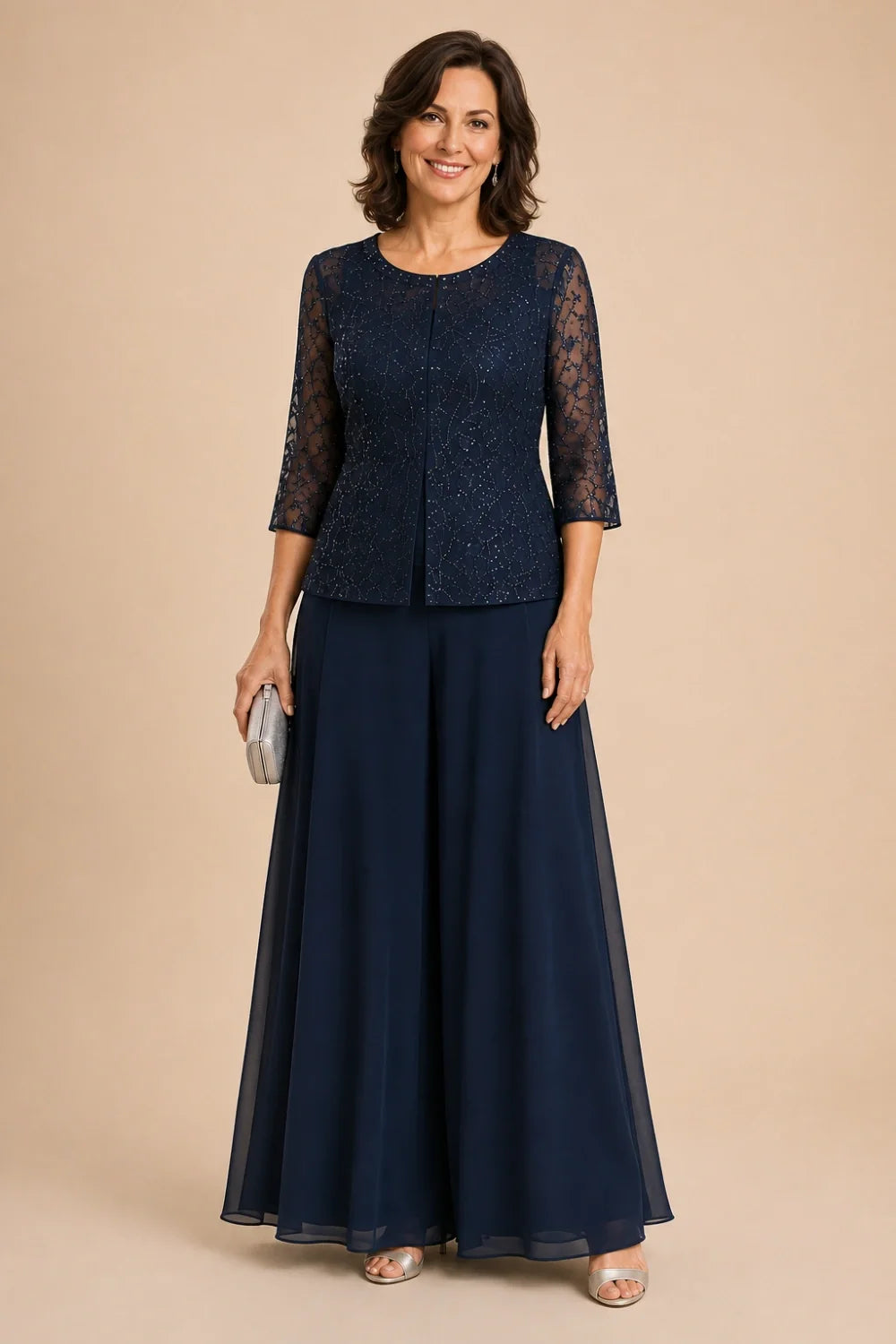 Beaded Lace Culotte Pant Suit with Chiffon Overlay