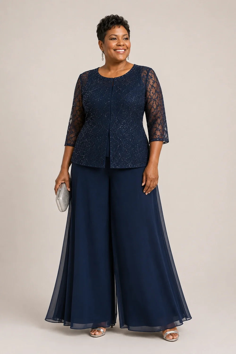 Beaded Lace Culotte Pant Suit with Chiffon Overlay