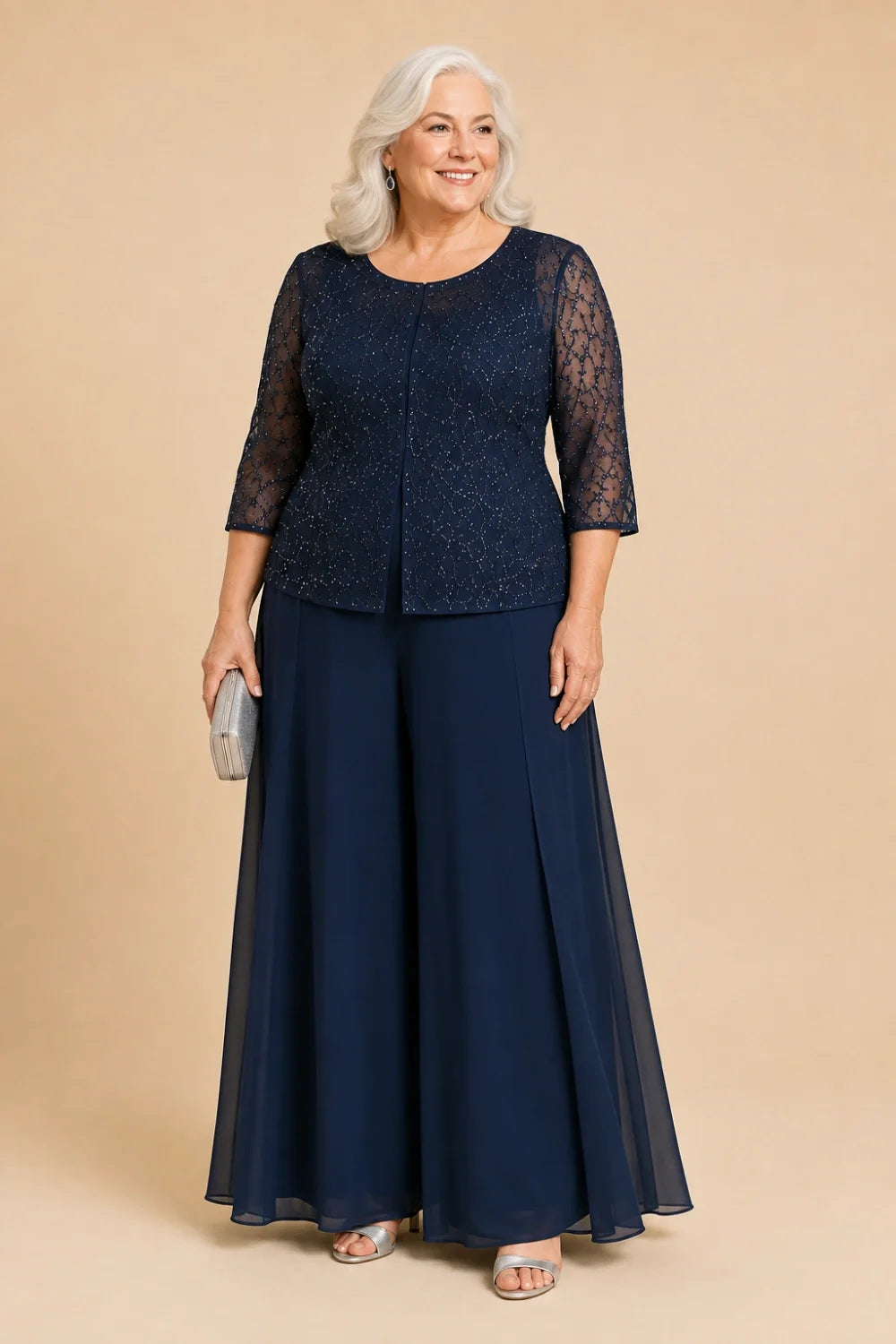 Beaded Lace Culotte Pant Suit with Chiffon Overlay