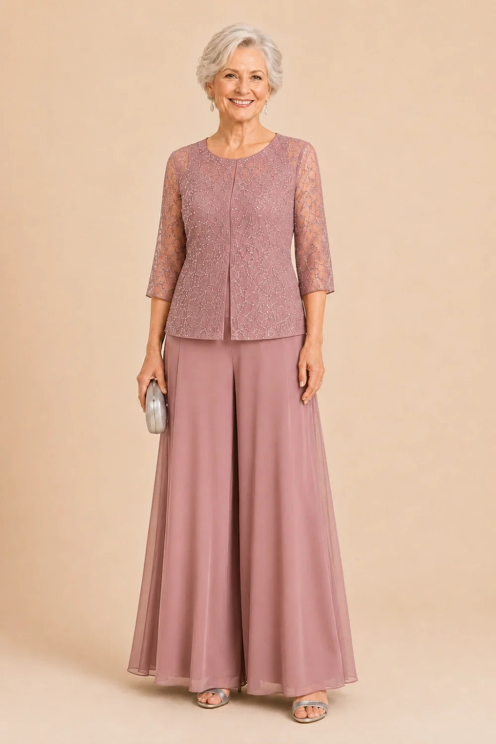 Beaded Lace Culotte Pant Suit with Chiffon Overlay