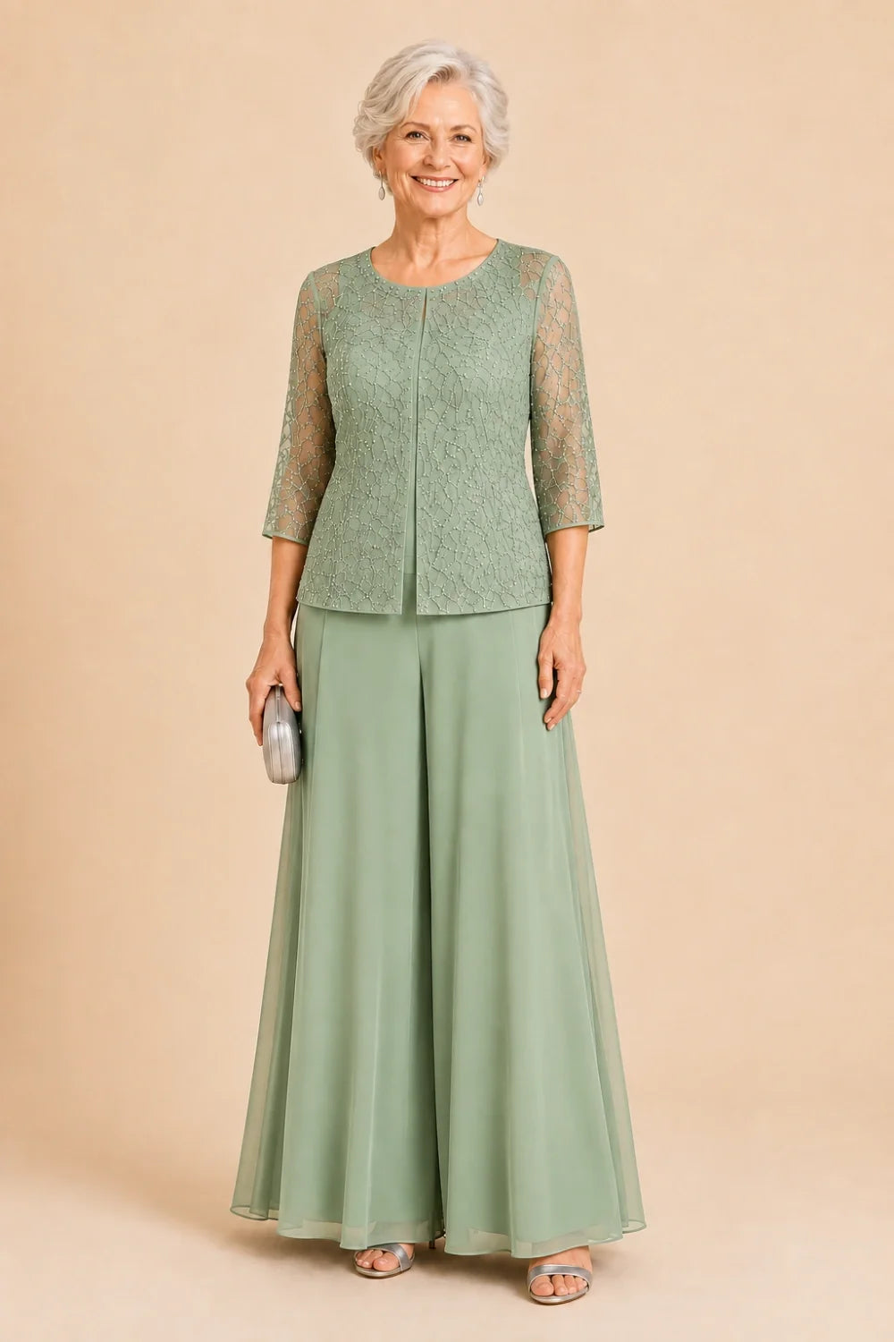Beaded Lace Culotte Pant Suit with Chiffon Overlay