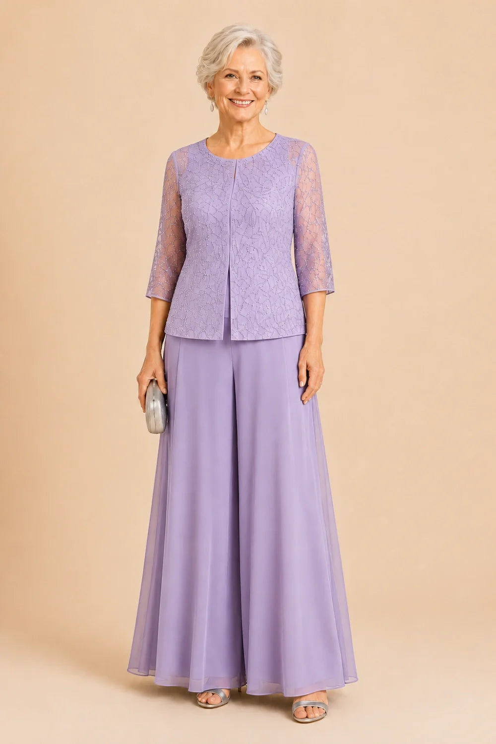 Beaded Lace Culotte Pant Suit with Chiffon Overlay