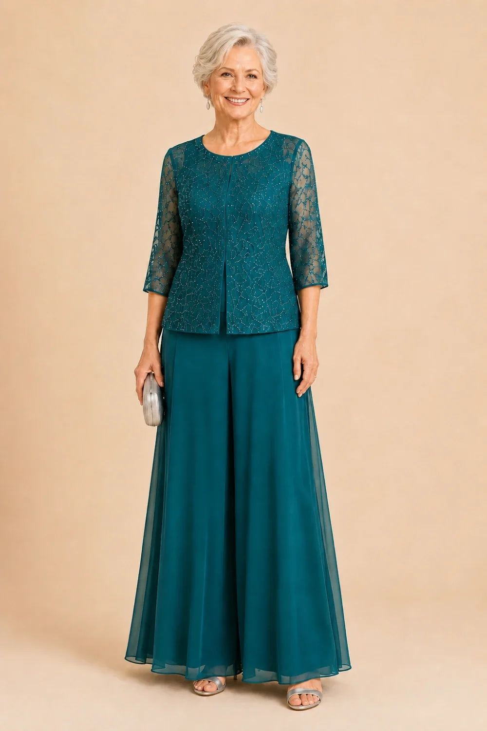 Beaded Lace Culotte Pant Suit with Chiffon Overlay